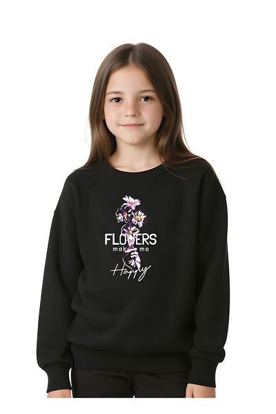 panios kids Hanorac negru pentru fete cu imprimeu cu flori cu gât rotund