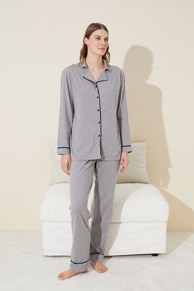 Siyah İnci Cotton Gray and Black Buttoned Pajamas Set