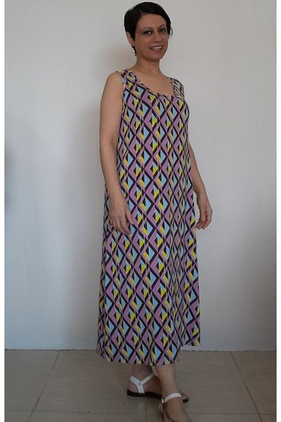 Mertcan Butik Φόρεμα από χτενισμένο βισκόζη με λουράκια λιλά κίτρινο σχέδιο