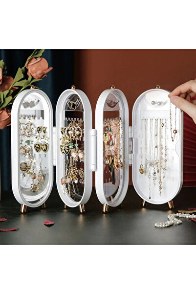 MUJGAN Katlanabilir Aynalı ve Ayaklı Takı Standı Beyaz