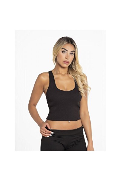 Defnem Giyim موديل نسائي قصير أسود - قميص داخلي من الليكرا، حمالة سميكة ووسادة قابلة للإزالة