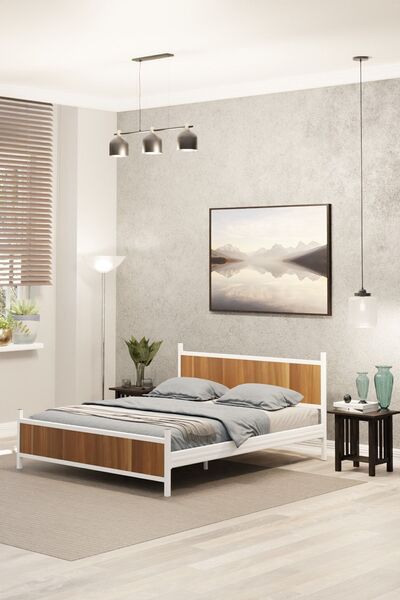 Metalia GM 305 MODERN ÇİFT KİŞİLİK AHŞAP METAL BEYAZ CEVİZ KARYOLA 140X190