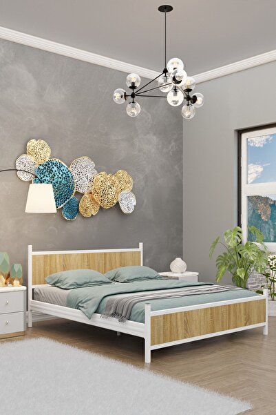 Metalia GM 305 MODERN ÇİFT KİŞİLİK AHŞAP METAL BEYAZ ATLANTİK ÇAM KARYOLA 140...