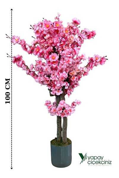 YAPAY ÇİÇEKÇİNİZ GRİ SAKSIDA PEMBE RENKLİ 100 CM YAPAY JAPON BAHARDALI AĞACI