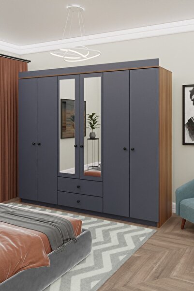 Metalia GM 821 ARMİNA 6 KAPI 2 ÇEKMECELİ AYNALI CEVİZ ANTRASİT GRİ DÜĞME KULP...