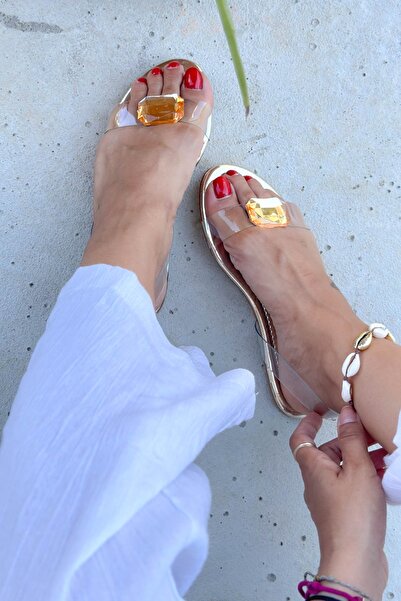 Shoebutik Gold Stoned Transparent Banded Suprise Women's Sandals