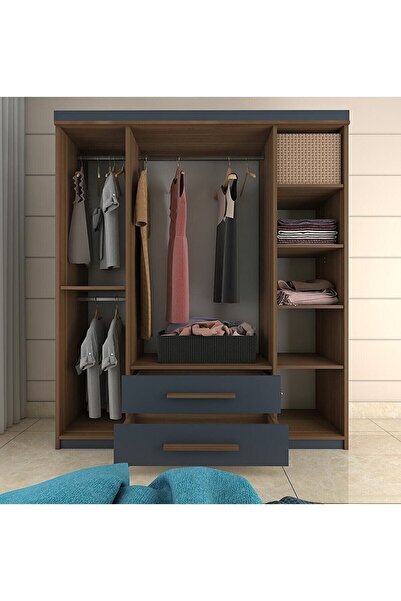 Metalia Gm817 Perla Lüx 4 Kapı 2 Çekmeceli Gardrop Ceviz-antrasit Gri