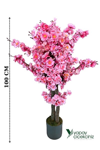 YAPAY ÇİÇEKÇİNİZ GRİ SAKSIDA PEMBE RENKLİ 100 CM YAPAY JAPON BAHARDALI AĞACI