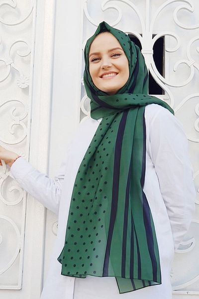 Stella Striped Polka Dot Patterned Chiffon Shawl Model 72*180cm Khaki