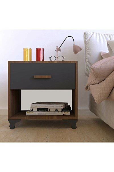 Metalia Ceviz Antrasit Gri Tek Çekmeceli Komidin