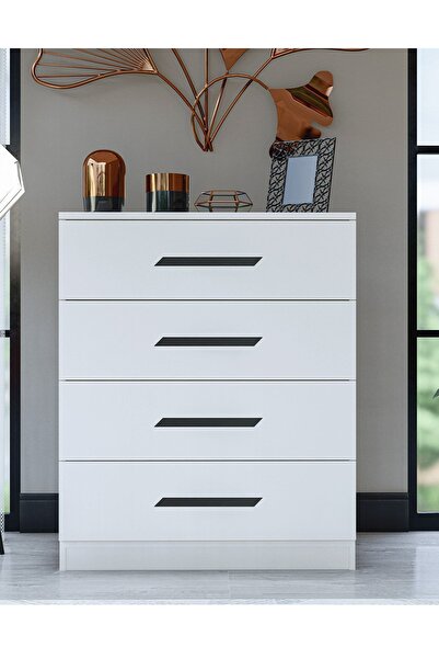 Metalia Gm 084 Almina 4 Çekmeceli Siyah Kulplu Beyaz Şifonyer