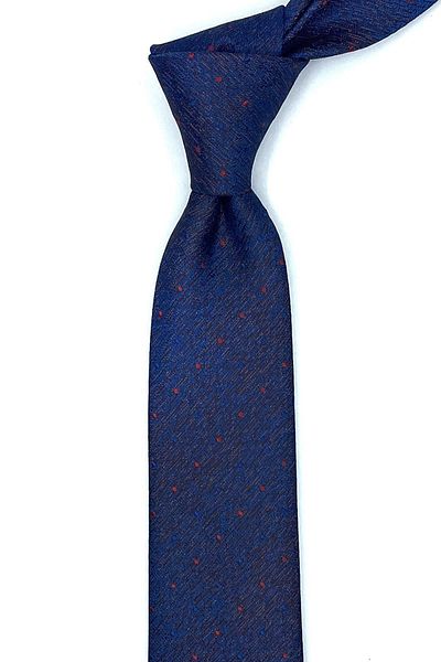 Kravatkolik Brown Dot Patterned Navy Blue Thin Tie - SK7646
