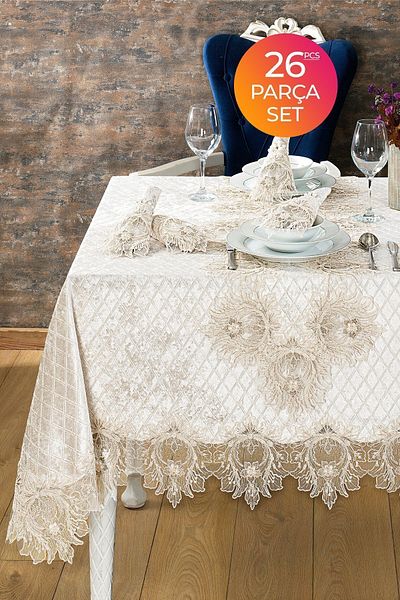 Evlen Home Collection Set fata de masa catifea Lacy Laced Grand Cream