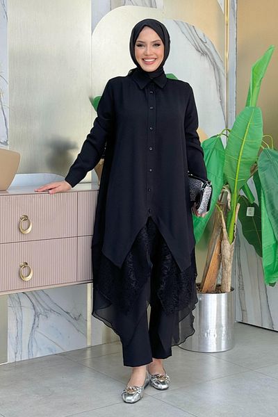 Bym Fashion Μαύρο Ασύμμετρο Τουνίκ 2758 - Λεπτομέρεια από δαντέλα και σιφόν