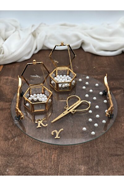 Masalsı Concept İnci Detay Cam Söz Tepsisi-Nişan Tepsisi,Harf Baskılı Makas Dahil