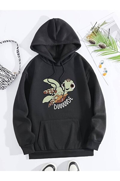NoVibe Hanorac pentru copii cu imprimeu broasca testoasa - oversize, iarna, 3 fire 100% bumbac, cu gluga