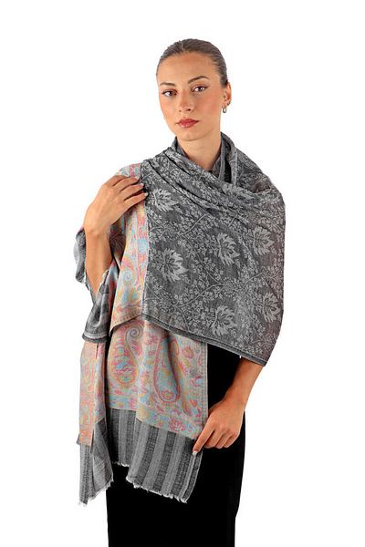 Bursa İpek Anthracite Wool Shawl - Border Pattern