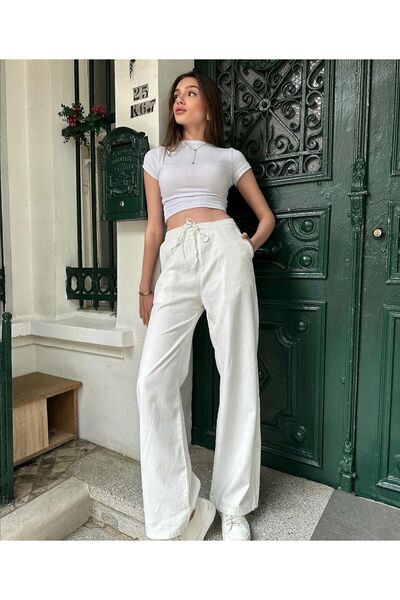 AREF JEANS Ecru Linen Women's Trousers - Loose, No Sheer, Elastic