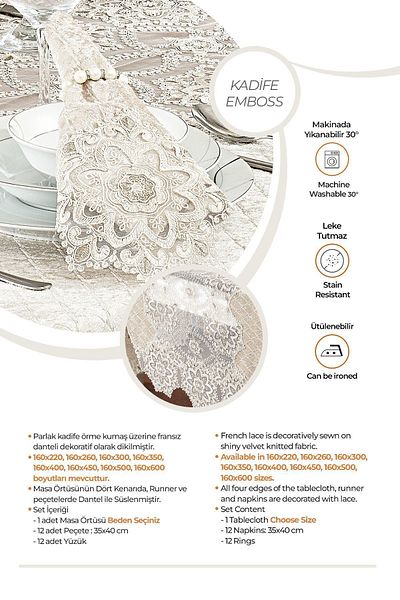 Evlen Home Collection Set de fețe de masă de lux din catifea 25 bucăți cremă pentru dată cu dantelă