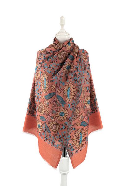 Bursa İpek Jacquard Patterned Orange Wool Shawl