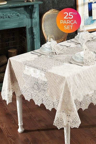 Evlen Home Collection Set de fețe de masă de lux din catifea 25 bucăți cremă pentru dată cu dantelă