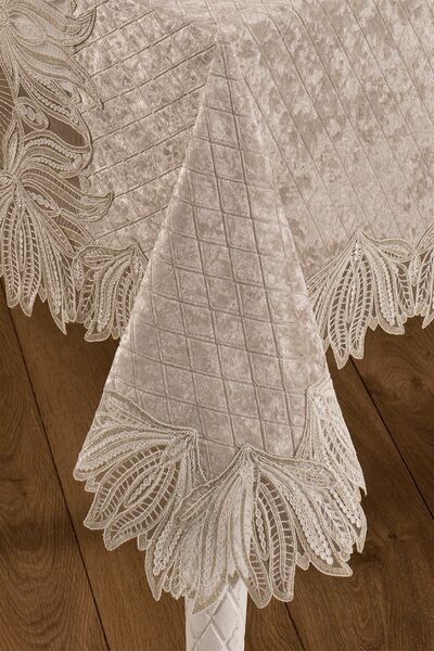 Evlen Home Collection Velvet Luxury Tablecloth Set Lacy Laced 25 Pieces Vels Cappuccino