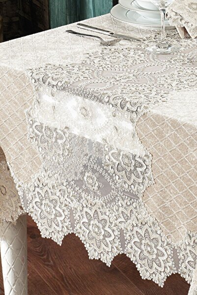 Evlen Home Collection Velvet Luxury Tablecloth Set Lacy Laced 25 Pieces Date Cream