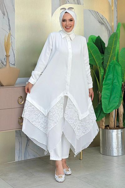 Bym Fashion Εκρού Χρώμα Ασύμμετρη Δαντέλα και Σιφόν Τουνίκ 2758