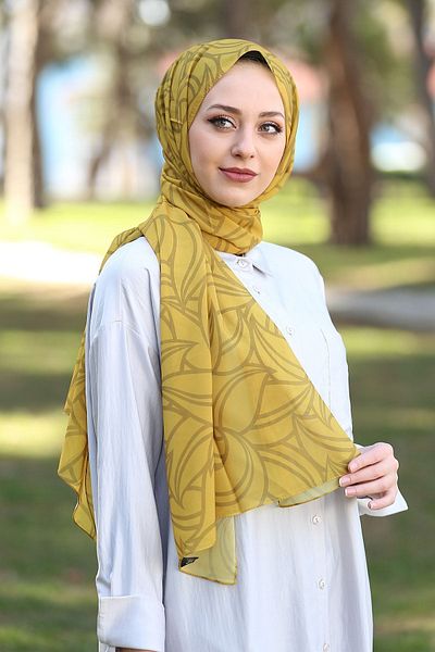 Stella Leaf Patterned Chiffon Shawl Model Mustard Color