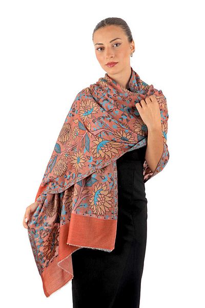 Bursa İpek Jacquard Patterned Orange Wool Shawl