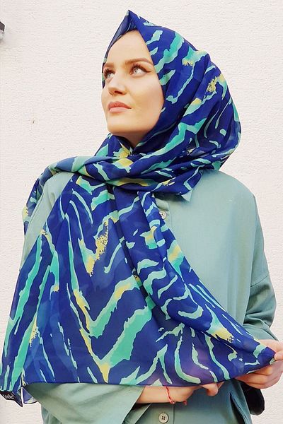 Stella Zebra Patterned Chiffon Shawl Model 72x180cm Blue Mint
