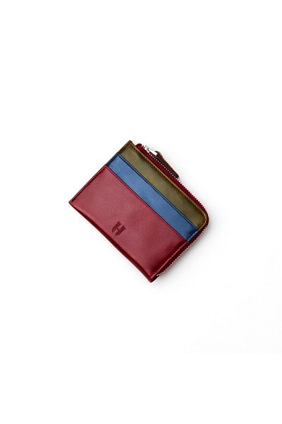 HELMBROOK Seward Men's - Claret Red Leather Card Holder, Multi-Color Design, Zippered and Rfid Protected