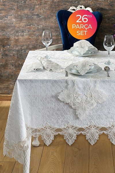 Evlen Home Collection Set Fata de Masa Velvet Luxury Dantela Dantela 26 Piese Petrana Crem