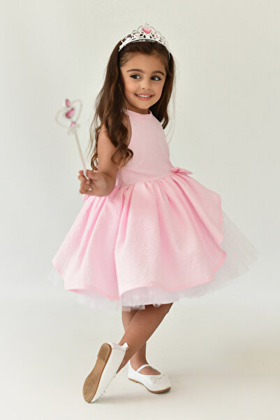 Bertuğ Bebek Pembe Asimetrik Tül Etek Kız Çocuk Bebek Brokar Abiye Elbise