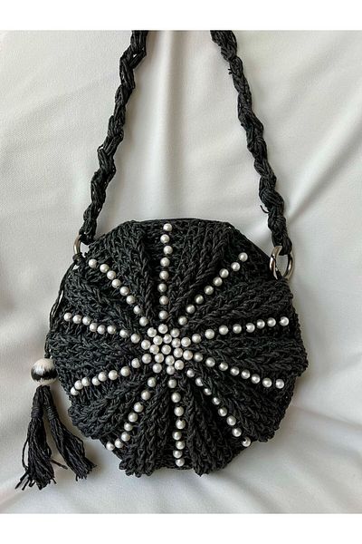 DNA MODA Black Macaron Bag - Bohemian Straw Bag with Pearl Detail / Hand Knitted Straw Bag