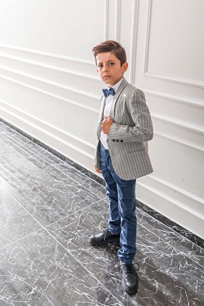 Nexactive Çizgili Keten Çocuk Genç Mevsimlik Takım Elbise Mezuniyet Balo Bayramlık Düğünlük Damatlık Seti 4'lü