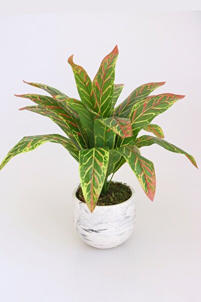 Yapay Çiçek Deposu Beton Saksıda Uzun Yapraklı Yapay Bitki 42 cm Model-2