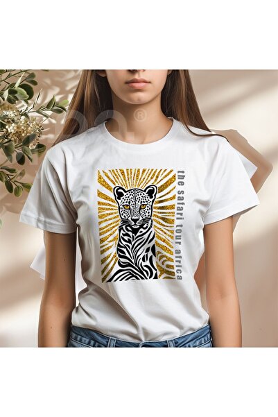 Crea Eymer Wear Premium bela majica - zlatni svetlucavi safari print, 100% pamuk