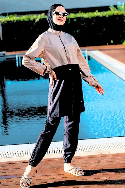 İYİBU Stone Color Hijab Swimsuit - Water Repellent Flexible Fabric, Specially Patterned Hijab Swimwear