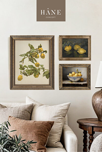 Hane Concept Vintage Limon 3'lü Çerçeveli Poster, Galeri Duvarı, Sanatsal Baskı, Çiftlik Evi Tarzı Mutfak Dekoru