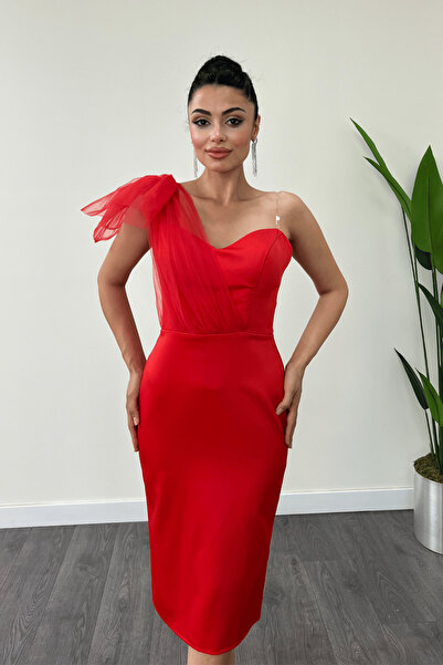 giyimmasalı Saten Kumaş Straplez Tül Detaylı Kalem Elbise - KIRMIZI