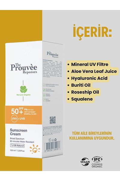 The Prouvee Reponses 100% Natural 50+SPF Face Body Organic Sunscreen Cream 100 ml