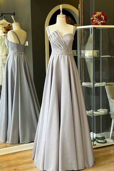 Lenta Moda Maxi Length Gray Satin Evening Dress - Drape Detailed Evening Gown