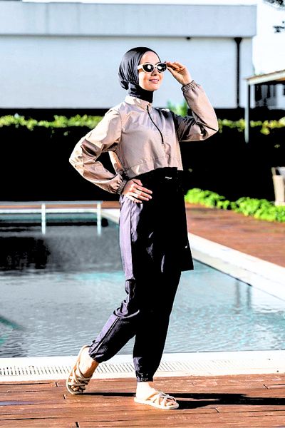 İYİBU Stone Color Hijab Swimsuit - Water Repellent Flexible Fabric, Specially Patterned Hijab Swimwear