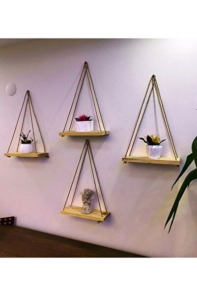 Genel Markalar 4 Adet Dekoratif Ahşap Halatlı Duvar Rafı, Kitaplık & Çiçeklik, En:9cm Genişlik:25cm