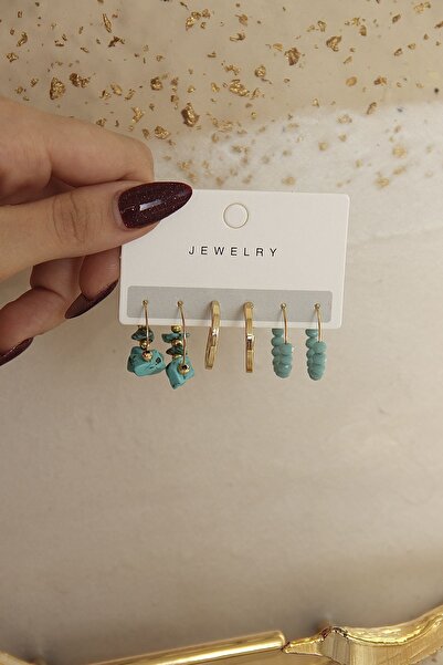 takıtarzım Turkuaz doğal taşlı set halka küpe