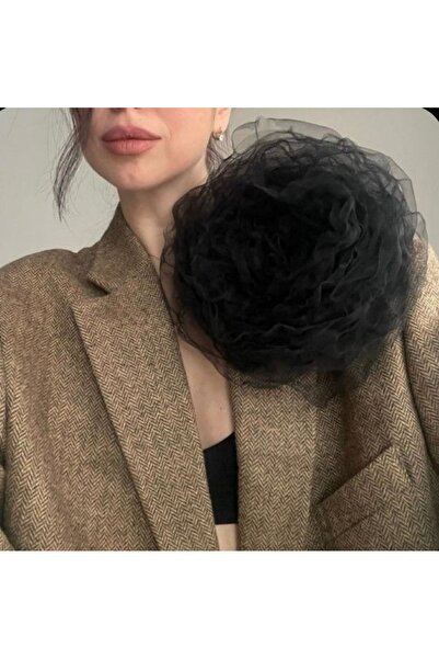 quella atelier Büyük Tül Kabarık Gül Broş Yaka Aksesuarı Siyah