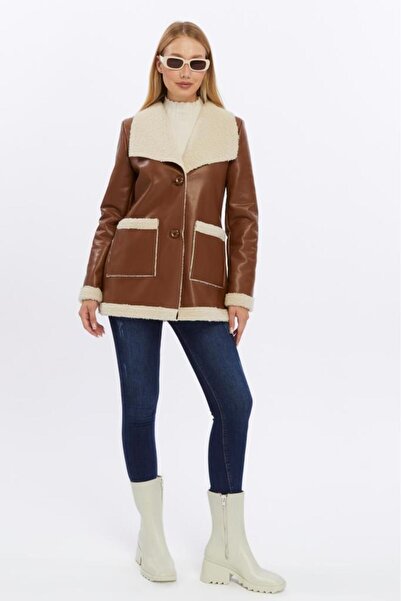 Jamila Kadın Suni Kürk Detaylı Suni Deri Mont