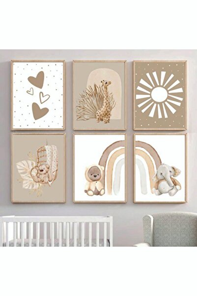 fabriflow exclusive Zurafa Kalp Bohem Renklerinde Tasarım Tablolar 6'lı Tablo Set Çocuk Odası Dekorasyon