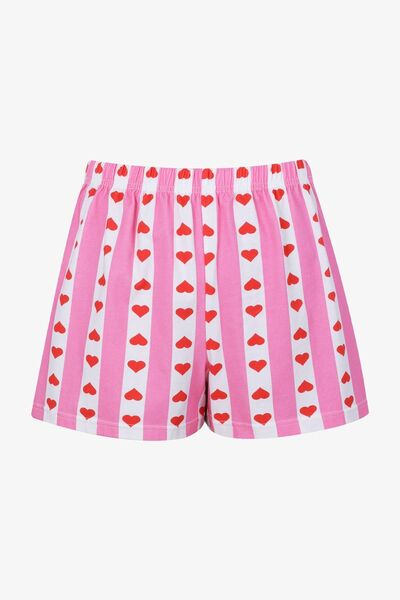 koza iç giyim Kadın Pamuklu Kısa Kollu Gömlek Yaka Kalp Desenli Şortlu Pijama Takımı